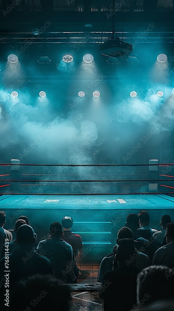 Aufkleber a view from the back rows of a busy boxing arena during a sporting event as a light show illuminates