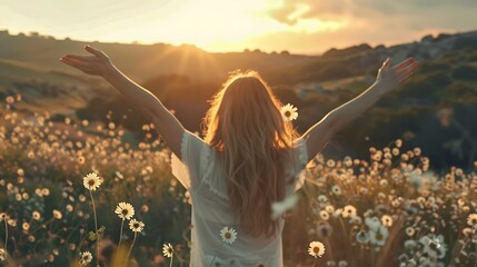 carefree woman standing with arms outstretched in a field of flowers at sunset