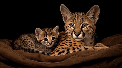 Geoffroy s cat and kitten portrait with unoccupied space for text, object placed nearby