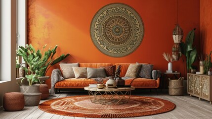 a flourishing mandala on a burnt orange wall, complemented by a chic sofa arrangement.