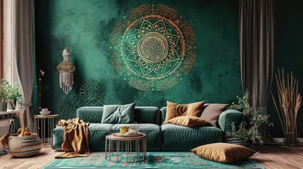 Sierkussen a flourishing mandala on a deep emerald green wall, complemented by a chic sofa arrangement. © Lal