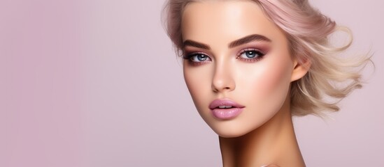 Fototapeta premium A young woman with blonde hair and fashionable makeup gazes directly at the camera in a studio setting against a white background. Her striking appearance is highlighted by her well-done makeup.