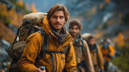 Fototapeta premium Group of male hikers on the mountain, medium shot, smiling, forest background.