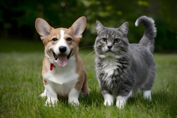 Pet duo Panting puppy Welsh Corgi proud grey cat pose - obrazy, fototapety, plakaty