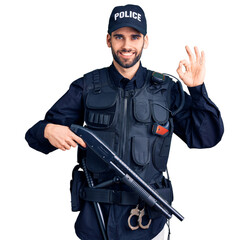 Young handsome man with beard wearing police uniform holding shotgun doing ok sign with fingers,...