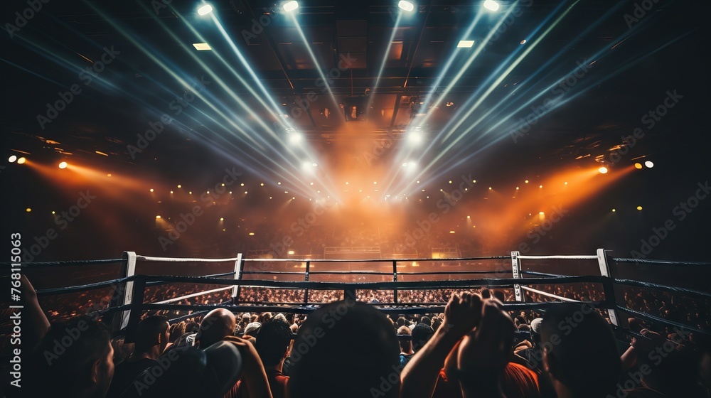 Aufkleber a view from the back rows of a busy boxing arena during a sporting event as a light show illuminates