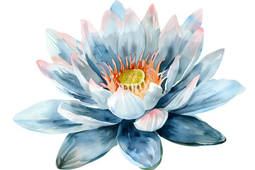 Serene Blue Watercolor Lotus, Tranquil Botanical Illustration - Isolated on Transparent White Background PNG

