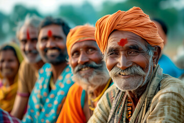 Obraz premium Rural Gathering: Serene Group of Elderly Indian Farmers Sharing Laughter and Smiles in Countryside wearing turban.