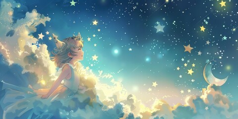 Obraz na płótnie Canvas Adorable smiling girl sitting on fluffy clouds before a starry night sky - Cute Little Angel Watercolor Illustration Background created with Generative AI Technology
