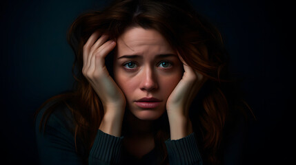woman with a worried face, worried woman with her hands on her head - obrazy, fototapety, plakaty