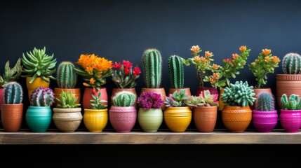 Various cactus and succulent plants in different pots