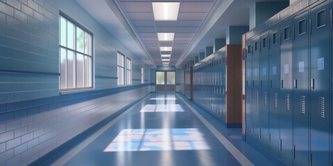 Sunlit school corridor with blue lockers - obrazy, fototapety, plakaty