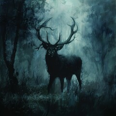 a deer with large antlers in a forest