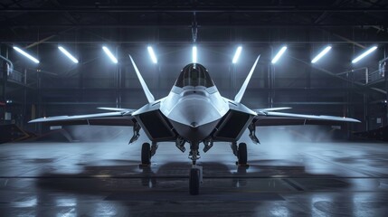 a fighter jet in a hangar - obrazy, fototapety, plakaty