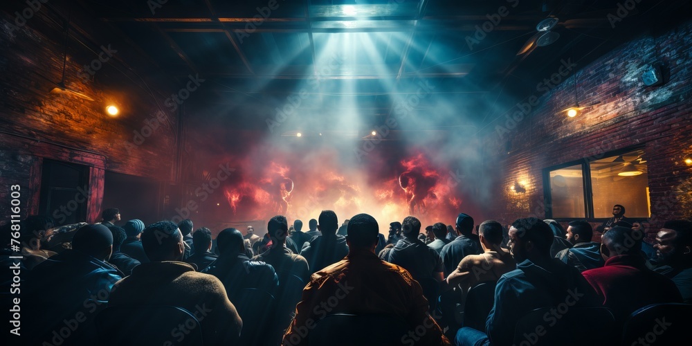 Aufkleber a view from the back rows of a busy boxing arena during a sporting event as a light show illuminates