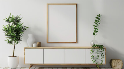 A blank poster frame mock-up hangs on a white living room wall next to a wooden sideboard with a small green plant.