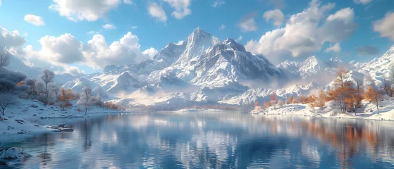 Poster 64k, 8k widescreen, wallpaper, amazing lanscape scene, Serene winter landscape with a crystal-clear lake reflecting snow-capped mountains under a bright blue sky © SJarkCube