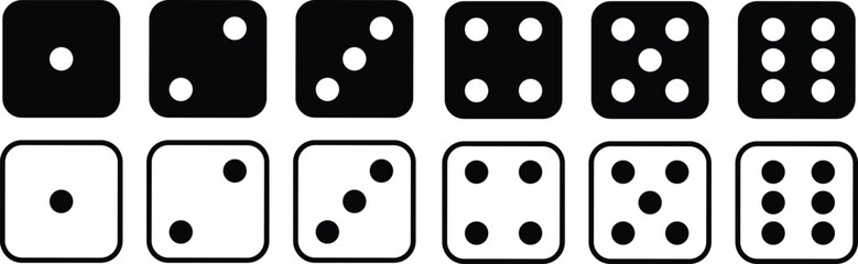 Game dice. Set of Ludo game dice collection. Dice in a line and flat design from one to six. monochrome dices Vector illustration - obrazy, fototapety, plakaty