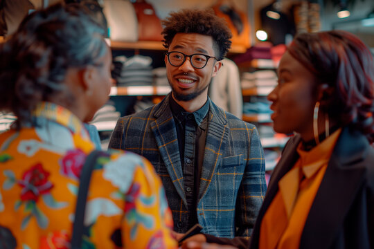 Elegant Asian Sales Associate Assisting a Gentleman with a Stylish Gala Suit in a Contemporary Boutique