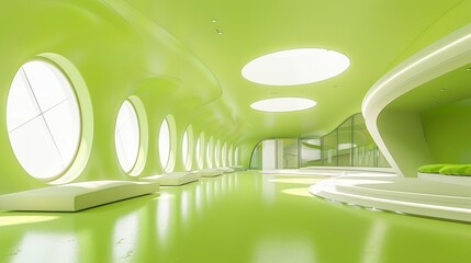 a green room with round windows