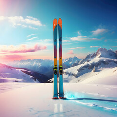 A pair of modern skis stands upright on a snowy slope with a breathtaking sunset over a mountainous landscape