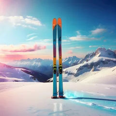 Deurstickers A pair of modern skis stands upright on a snowy slope with a breathtaking sunset over a mountainous landscape © JohnTheArtist