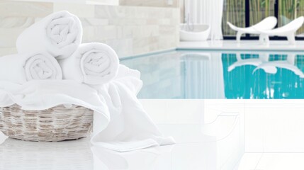 White towels in a basket on a table against a blurred bathroom interior background, space for product display or design.