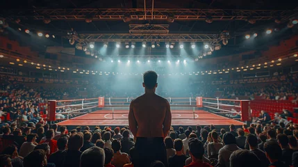 Foto op Plexiglas A boxer, focused on the upcoming fight, stands at the ring. Concept: motivational sports posters and fitness applications. Strength of spirit, discipline and endurance. © Marynkka_muis