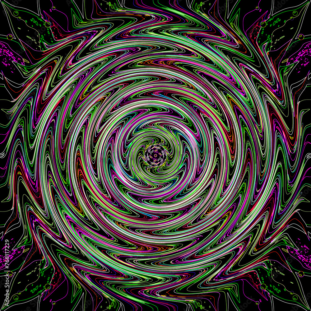 Poster multicolored wavy lines radiate from the center on a black background and end with the outlines of l