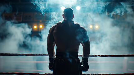 A boxer, focused on the upcoming fight, stands at the ring.
Concept: motivational sports posters and fitness applications. Strength of spirit, discipline and endurance.
