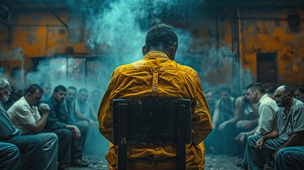 A man in an orange jacket sits with his back to the camera in a smoky room, surrounded by people.
Concept: intrigue and tension, anticipation and cinema, theatrical performances, psychological dramas.