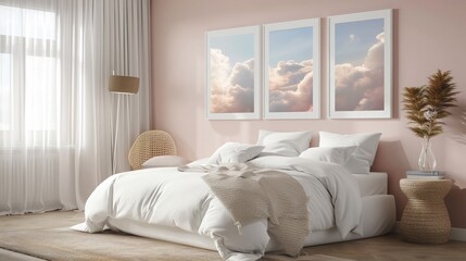 A cozy bedroom with white frame mockups featuring dreamy cloud photography.