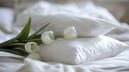 Fototapeta na wymiar white pillows, on one of them there is a tulip flower, Comfortable cushion for sleep, rest, relax 