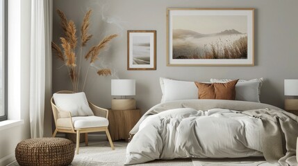 Fototapeta na wymiar A cozy bedroom corner featuring a wooden frame mockup with a calming landscape print.