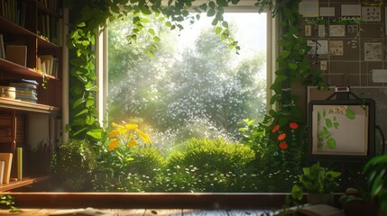 A classroom window framing a serene garden scene, offering a moment of tranquility amidst the bustle of learning.