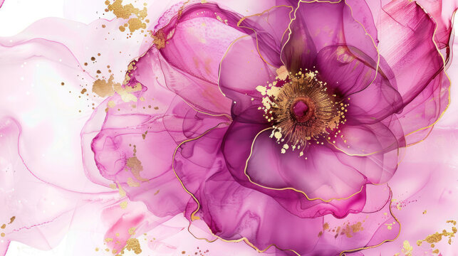 Beautiful spring pink and gold flower on decorative background as wallpaper illustration, Elegant Pink Gold Flower