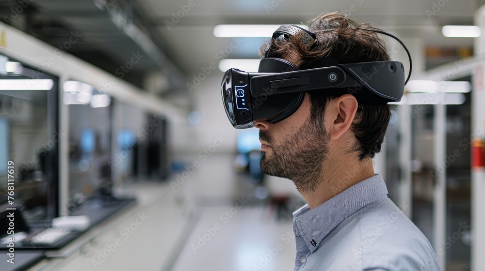 Poster virtual reality (vr) headset being worn by an engineer simulating the experience of controlling and 