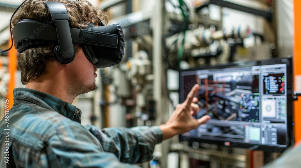 Poster virtual reality (vr) headset being worn by an engineer simulating the experience of controlling and 