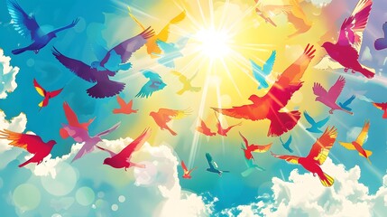 Illustration of a flock of birds flying in the sky.