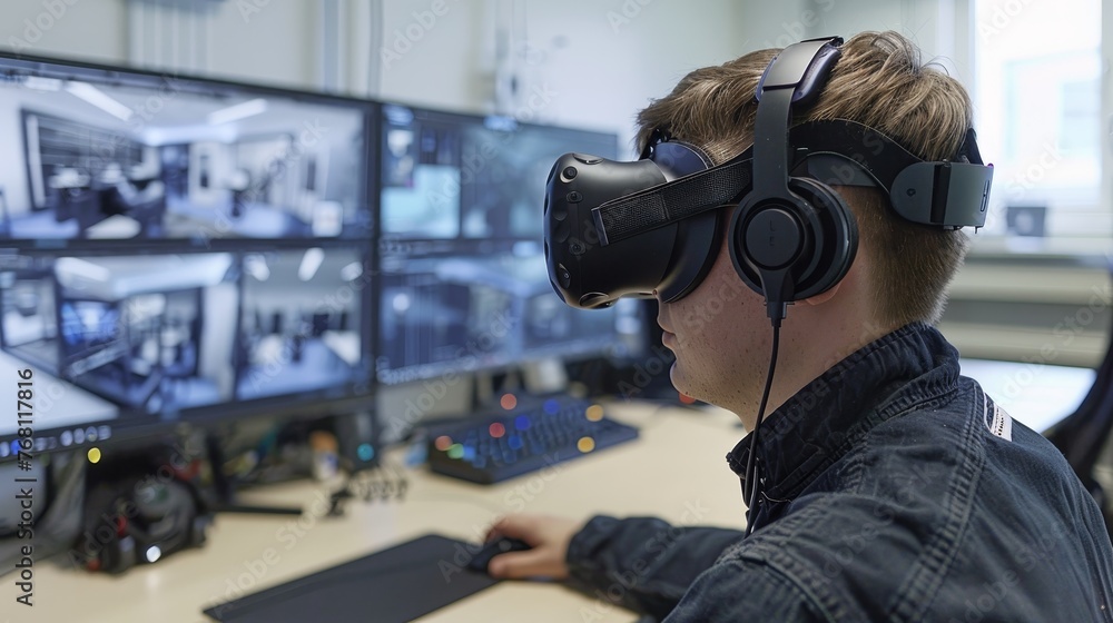Poster virtual reality (vr) headset being worn by an engineer simulating the experience of controlling and 