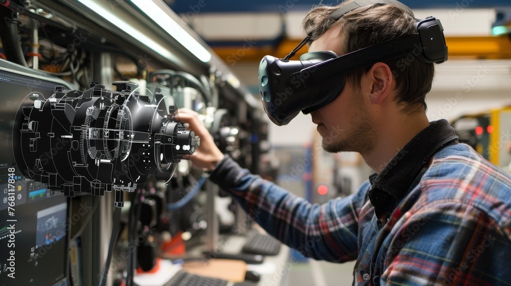 Poster virtual reality (vr) headset being worn by an engineer simulating the experience of controlling and 