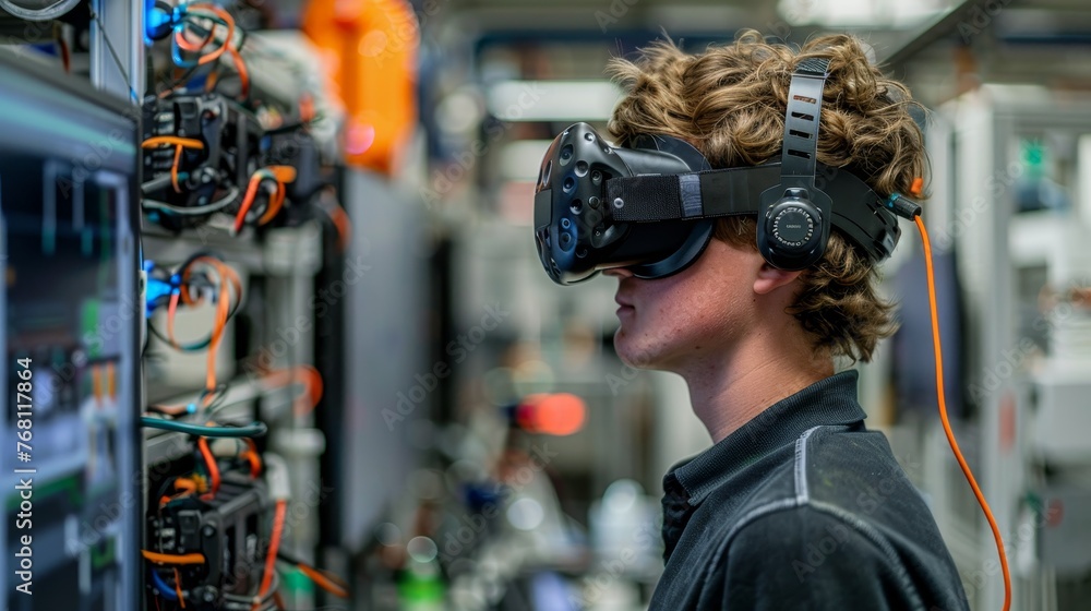 Poster virtual reality (vr) headset being worn by an engineer simulating the experience of controlling and 