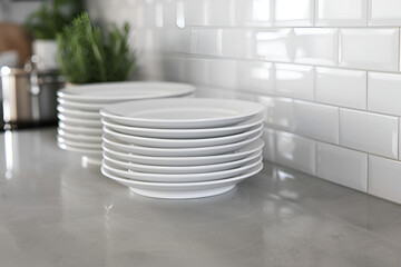 A stack of snow-white ceramic plates arranged on a light gray tabletop