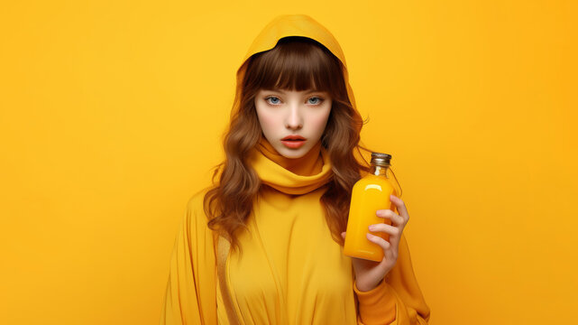 A young woman is showing yellow orange liquid bottle like a honey, oil, or orange juice. She is Standing in front of vivid yellow background with the same her yellow cloth color. Generative AI.