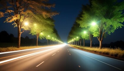 A beautiful road having side road lights are shinning and of road beautiful trees and clear sky