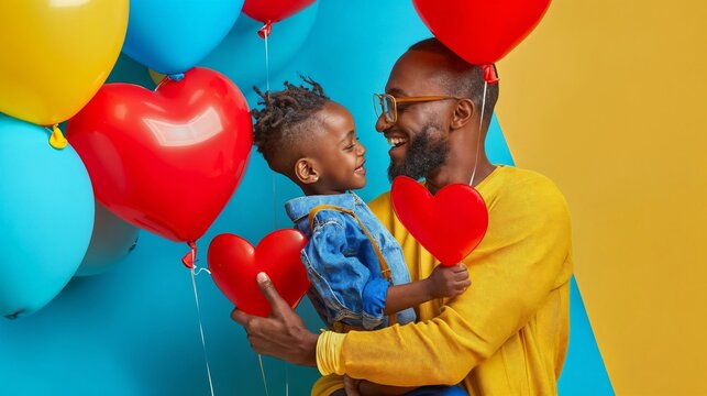 Cherished Father's Day moment with a stylish dad and child holding heart-shaped balloons against a vibrant blue and yellow background