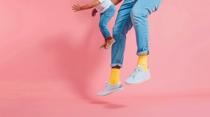 Playful father in blue overalls and white sneakers with yellow socks, lifting his child in a light-hearted Father's Day moment on a pink background