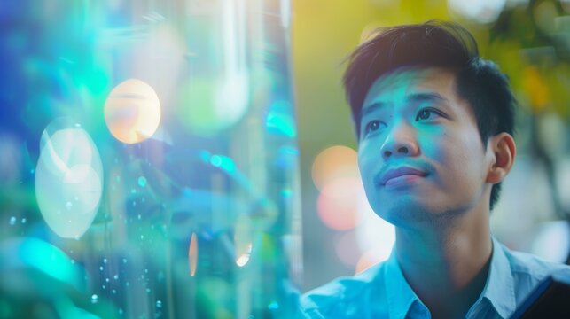 Contemplative man in an urban oasis, smart tablet in hand, as technological glow meets natural light, illustrating data-driven aquarium care