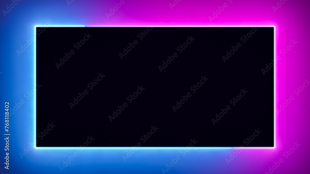 Aufkleber abstract blue pink neon glowing line frame, animated moving led light screen box projection 3d rende