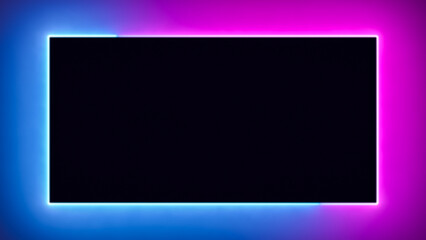 Abstract blue pink neon glowing line frame, animated moving led light screen box projection 3d rendering, empty blank space vertical presentation design background, futuristic laser sprectrum backdrop - 768118402